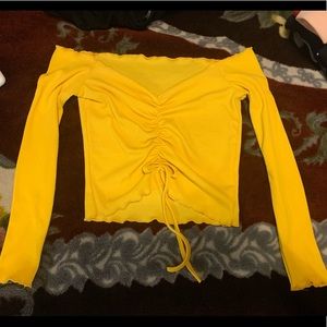 Yellow Ruched Off-The Shoulder Top with Tie Detail